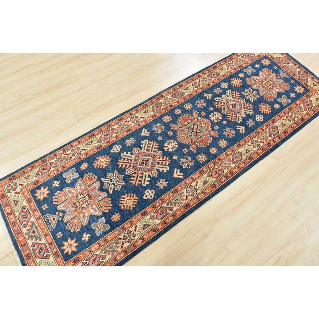 Farmhouse Kazak Runner 2’7” X 7’8” Blue Wool Tribal Hand-Knotted Oriental Rug For Sale - Image 3 of 14