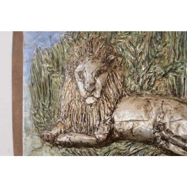 Metal Vintage Painted Embossed Aluminum Lion Art Wallhanging For Sale - Image 7 of 11