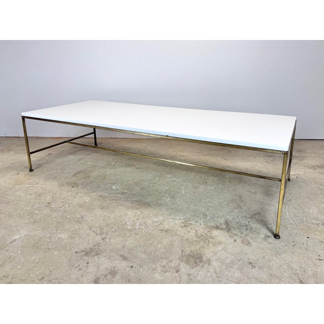 1960s Mid Century Modern Brass Vitrolite Glass Coffee Table Attrib. To Paul McCobb / Irwin For Sale - Image 5 of 12