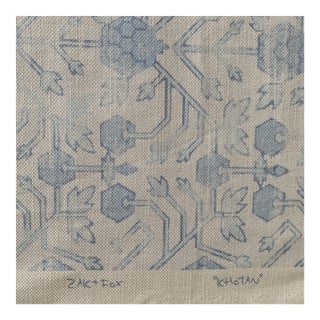 Pale Blue Zak & Fox Khotan Designer Printed Linen Fabric - 4 Yards For Sale