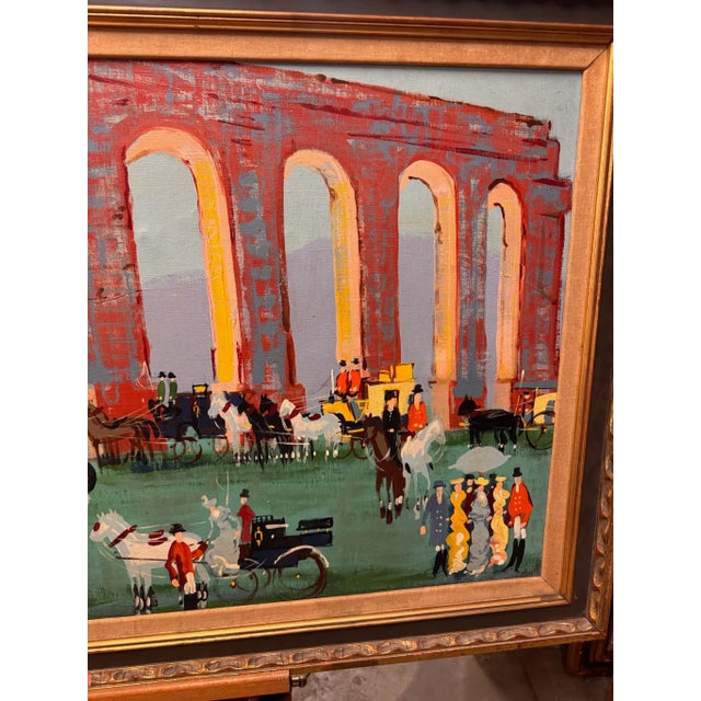 Green Mid-Century Modern Equestrian Gathering Oil Painting in Gilt Frame, Circa 1950s–1960s For Sale - Image 8 of 10