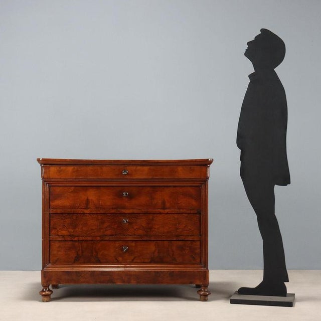 Cappuccino walnut chest of drawers. Walnut veneered front with four drawers, the first of which is curved, in the band...