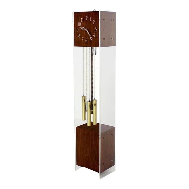 Mid Century Modern Walnut Designer Lucite Grandfather Clock with Chime For Sale