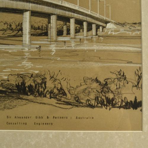 Architectural engineering drawing in charcoal and crayon Smithtown-Bridge over Macleay Australia by Sir Alexander Gibb &...