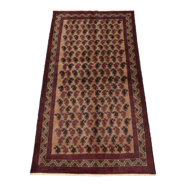 Baloch Rug 3’2” X 5’9” Brown Wool Vintage Tribal Hand-Knotted Carpet For Sale