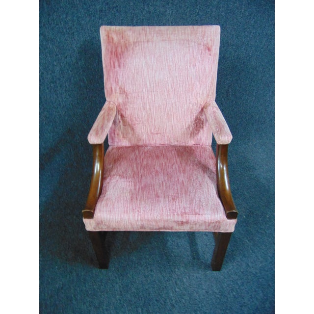 Kittinger Williamsburg Adaptation library chair , Chippendale style , solid mahogany frame , rose velvet upholstery