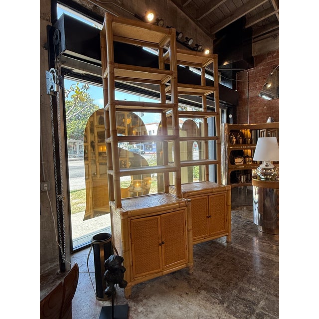 1970s Pair of Bamboo and Woven Rattan Bookcases With Cabinet Bases, 1970s For Sale - Image 5 of 13