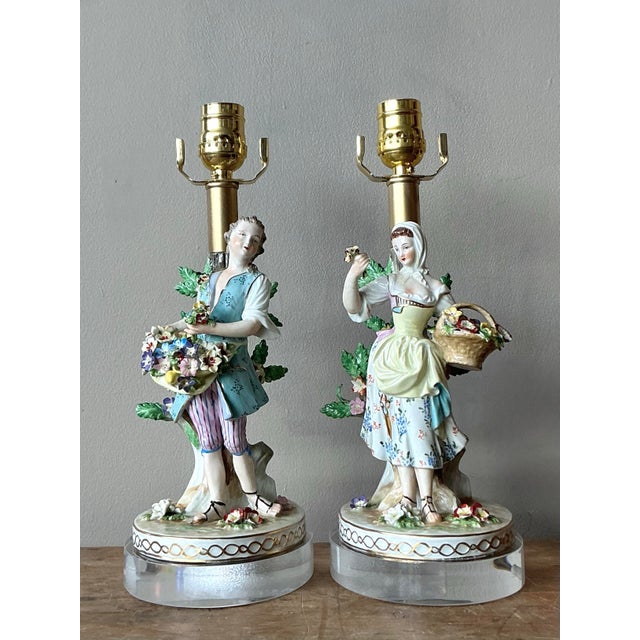 This exceptional pair of vintage table lamps features highly detailed porcelain figurines, sculpted and hand-painted in...