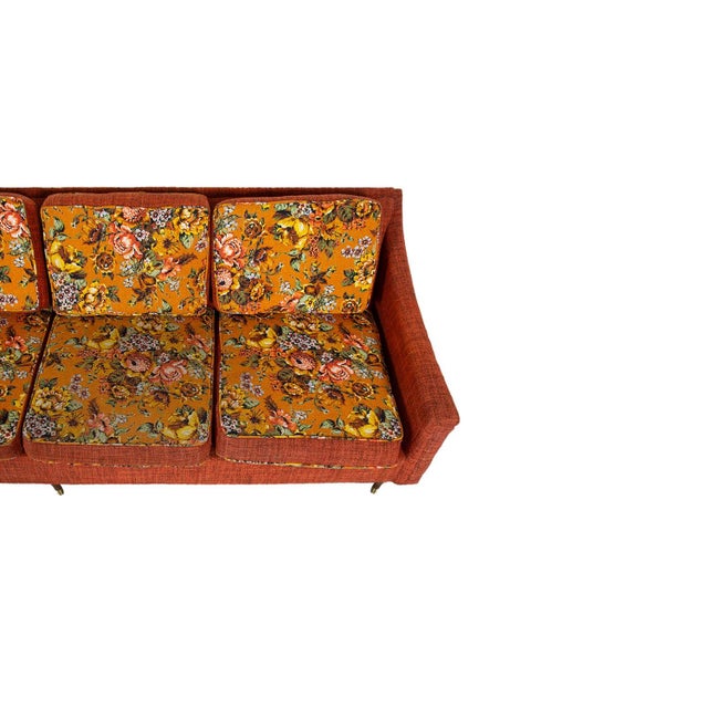 Mid-Century Floral Orange Long Sofa For Sale - Image 4 of 9