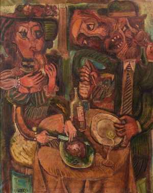 Couple Having Lunch, 1972, Oil on Canvas, Framed