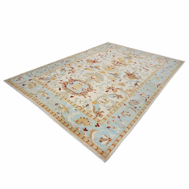 Islamic Afghan Wool Sultanabad Master 10x14 Blue, Tan & Ivory Handmade Area Rug #1143655 For Sale - Image 3 of 9