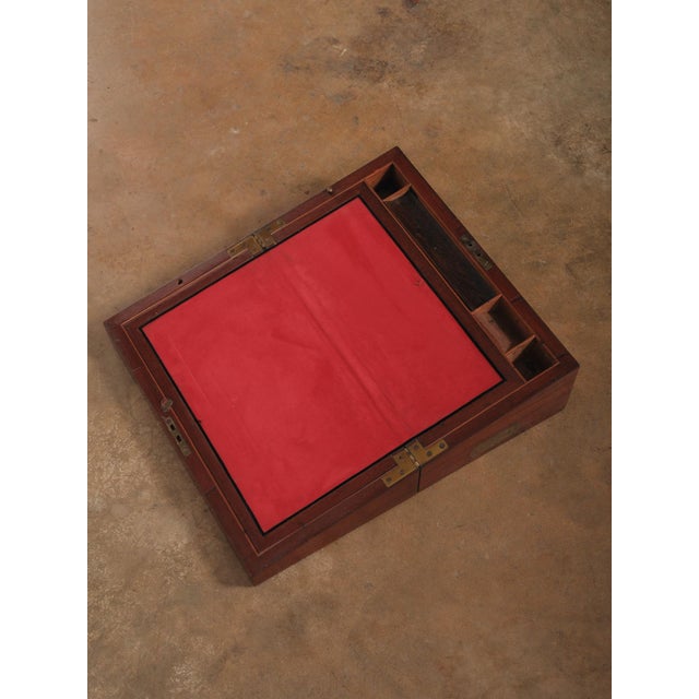 Brown Early 20th Century Mahogany Writing Slope Lap Desk Box With Red Leather Interior and Brass Hardware For Sale - Image 8 of 14