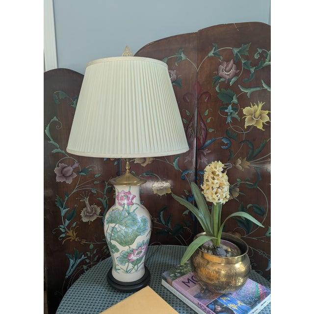 Antique Chinoiserie Porcelain Enamel Lotus Flower Vase Lamp For Sale - Image 4 of 18