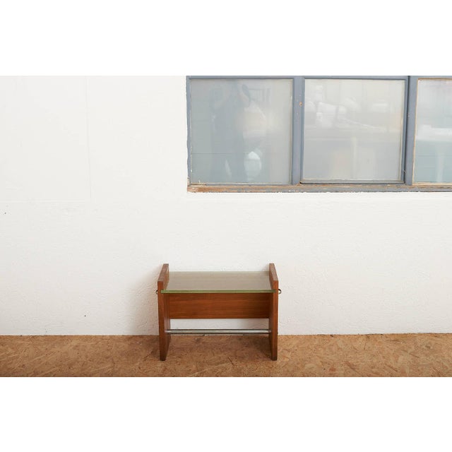 Side Table in Veneered Plywood with Sand-Cast Glass Top, Metal Tube and Handles by Jacques Adnet, 1930s For Sale - Image 9 of 10