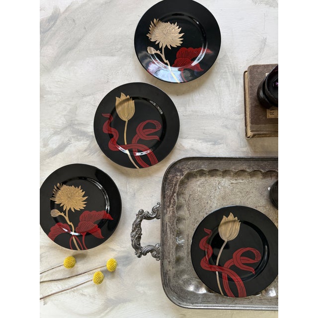 Fitz and Floyd Black Floral Salad Plates 1979 Vintage Porcelain 7.5 Inch - Set of 4 For Sale - Image 9 of 11