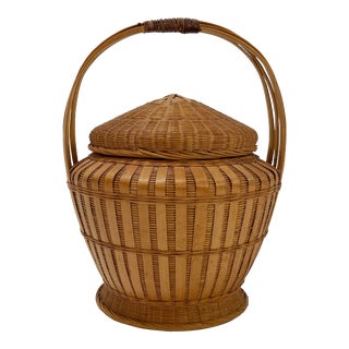 Vintage Lidded Asian Rice Basket For Sale