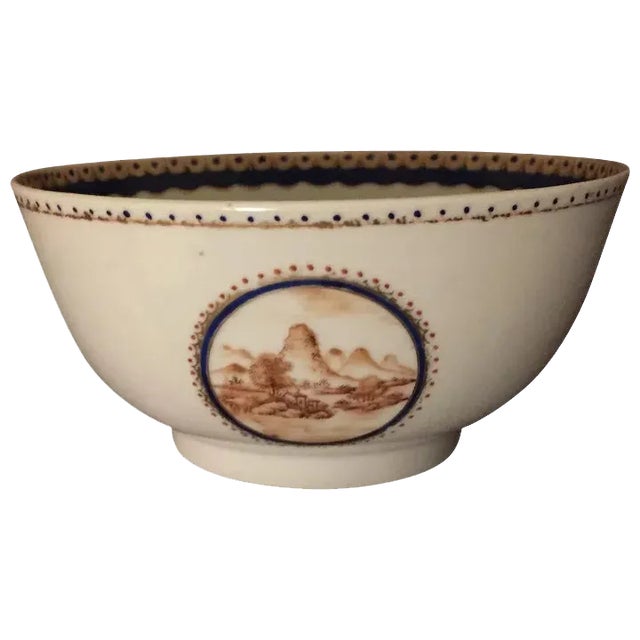 Antique Circa 1800s Chinese Export Porcelain Bowl Decorated with Sepia Landscape For Sale