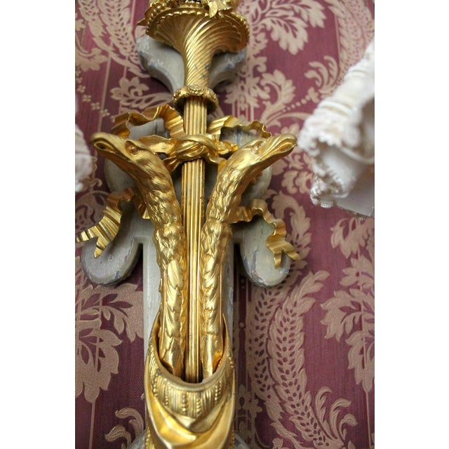 1860 French Louis XVI Gold Bronze Silk Wall Lamps Sconces 2pc- Pair For Sale - Image 10 of 18