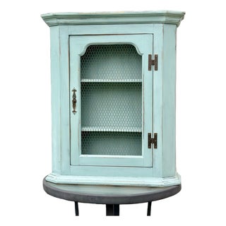 French Provincial Mid-Century Distressed Green Cabinet, With 2 Shelves For Sale