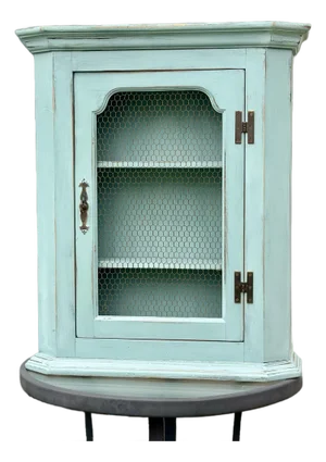 French Provincial Mid-Century Distressed Green Cabinet, With 2 Shelves