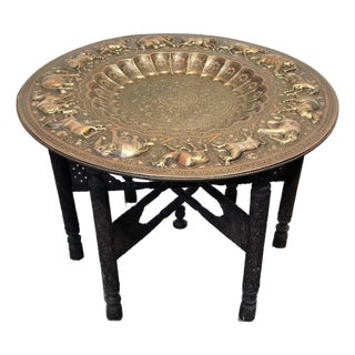 Vintage Morrocan Brass Tray Table With Folding Hand Carved Wood Base For Sale