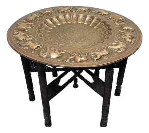 Vintage Morrocan Brass Tray Table With Folding Hand Carved Wood Base