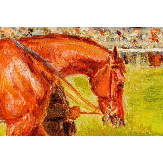 Wood Captivating Colorful Antique French Horse Racing Oil Painting Equestrian Sporting Art For Sale - Image 7 of 18