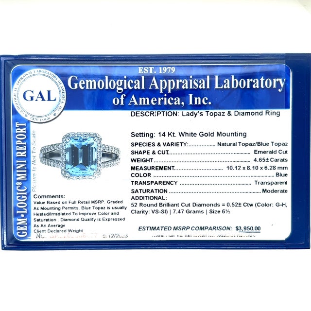 Natural Topaz Diamond Ring 6.5 14k W Gold 5.17 TCW Certified For Sale In New York - Image 6 of 7