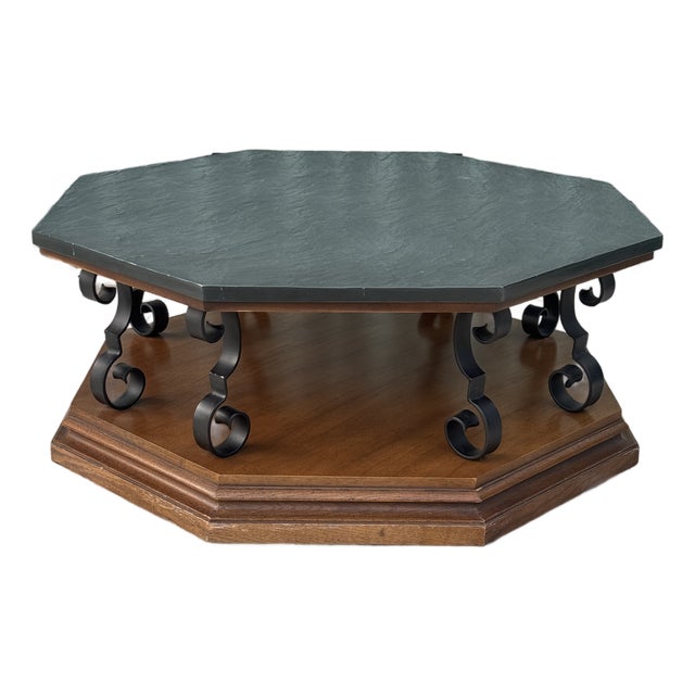 Vintage C. 1969 Mid Century Modern Spanish Revival Octagonal Slate Top & Iron Coffee Table For Sale
