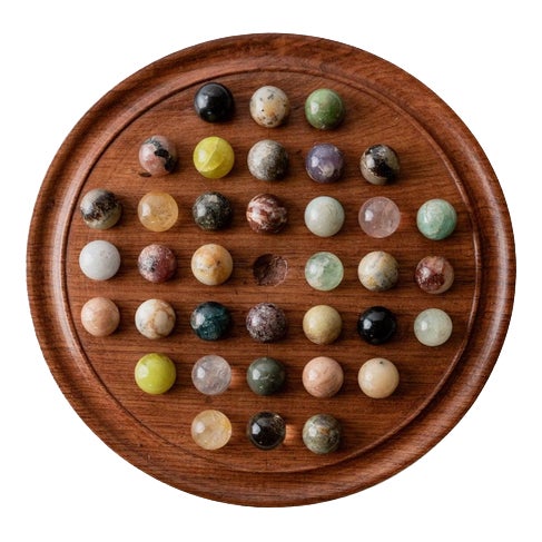 Vintage Solitaire Wooden Game Board with Stone Marbles, 1960s For Sale