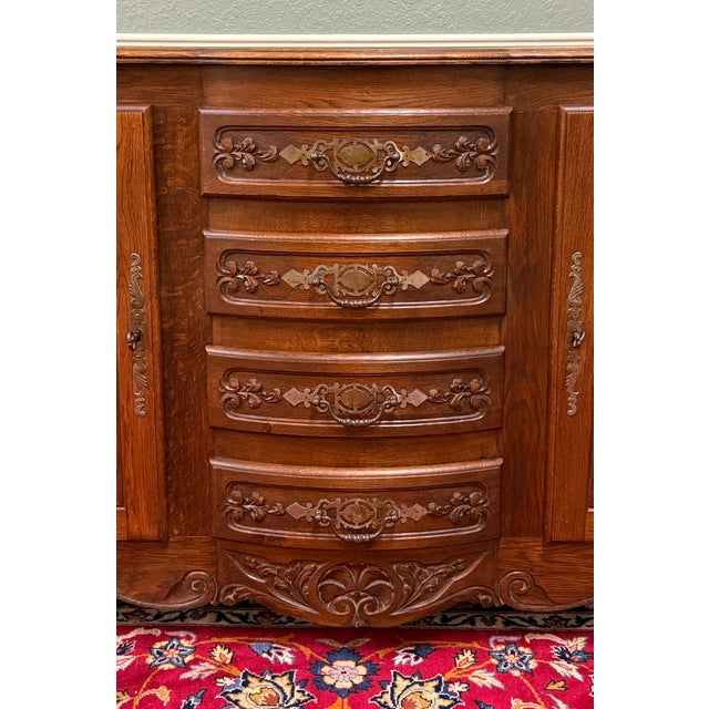 Antique French Louis XV Bow Front Buffet Sideboard Server Carved Oak C. 1930s For Sale - Image 16 of 18