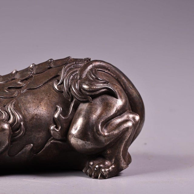 Pair of Antique Silver-Plated Guardian Lion Figurines, 2000g Total, High Relief For Sale - Image 10 of 10