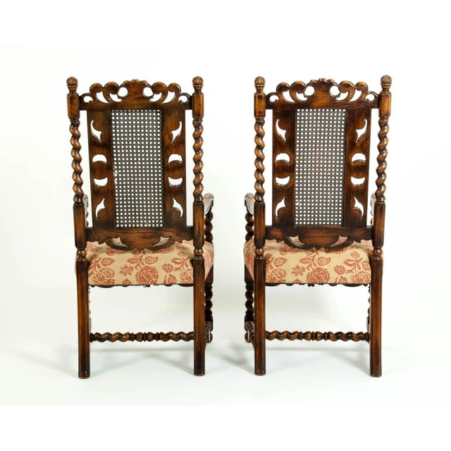 Traditional Hand Carved Walnut / Cane Back Armchairs / Corner Chairs - a Pair For Sale - Image 3 of 13