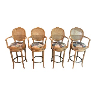 Vintage Faux Bois Cane Back Whitewash Natural Wood Stool With Arms and Brass Footrests - Sold Individually, 4 Available For Sale