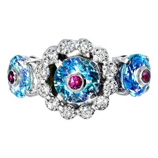 Late 20th Century Size 4.5 18K White Gold Aquamarine Pink Tourmaline Diamond Ring Band For Sale