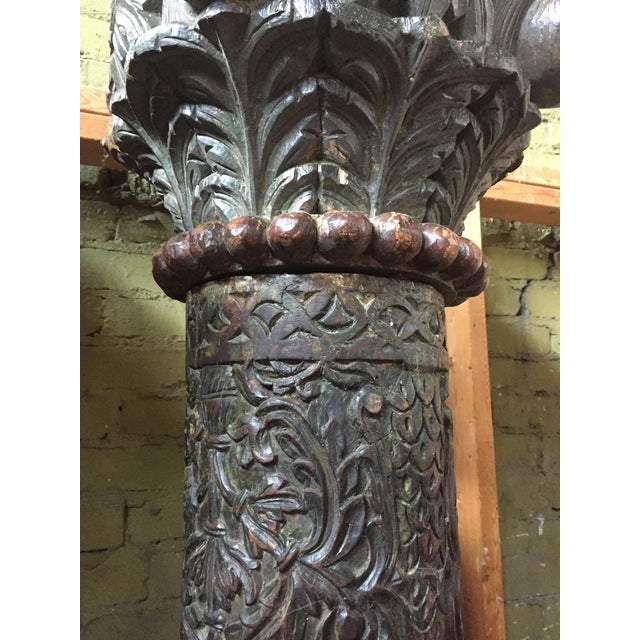 1930s 1930s Vintage Painted and Heavily Carved Teak Wood Columns With Lions - a Pair For Sale - Image 5 of 13