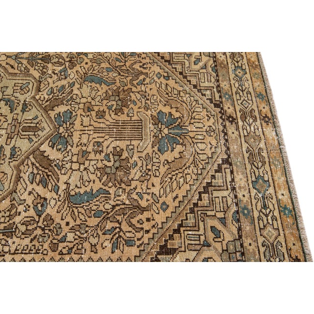 Mid 20th Century Vintage Persian Distressed Beige Handmade Floral Wool Rug For Sale - Image 4 of 9