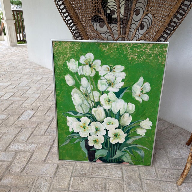 Green Midcentury Oil on Board Floral Still Life of White Tulips For Sale - Image 8 of 12