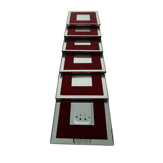 1980s Vintage 1980s Mirrored Glass Coasters - Maroon Border & Polished Edges - Flat Square Barware With Rubber Feet - Set of 6 For Sale - Image 5 of 11