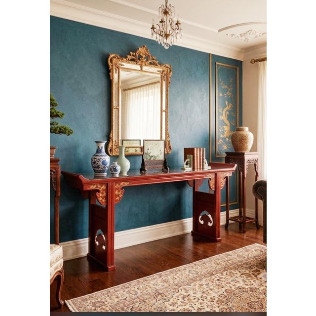 1980s Vintage Chinoiserie Regency Style Red Lacquer Altar Console Table With Gold Leaf Cutput Accents For Sale - Image 5 of 11