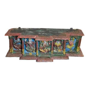 Antique Hand Carved Polychrome Wood Hindu Deities Temple Piece Prayer Altar