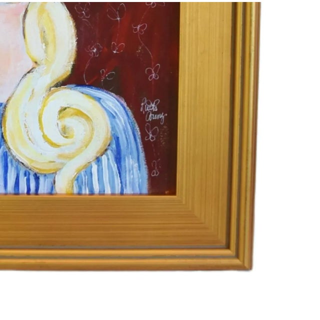 French Mademoiselle W/ Curly Blonde Hair Portrait Oil Painting W/ Antiqued Gold Wood Frame For Sale - Image 10 of 12