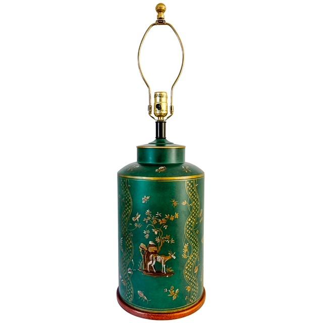 1970s Large Frederick Cooper Emerald Green Hand-Painted Green Tole Chinoiserie Table Lamps - A Pair For Sale - Image 11 of 17