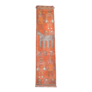 1970s Vintage Hand Knotted Turkish Rug Orange Gray Kitchen Runner 2x11 Rare Mythological Ancient Aliens Motif Rug For Sale