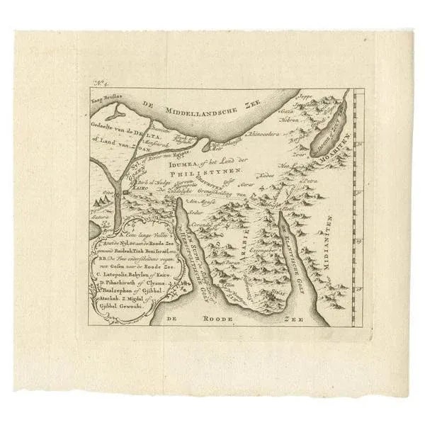 Antique print titled 'Idumea, of thet Land der Philistynen'. Old map of Edom, an ancient kingdom in Transjordan located...