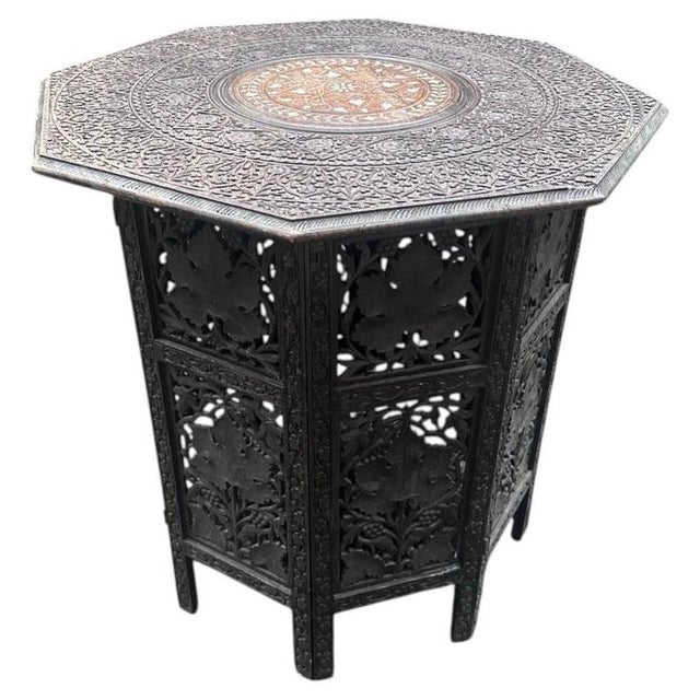 Brown Anglo-Indian Carved Rosewood Folding Table with Floral Inlay For Sale - Image 8 of 8
