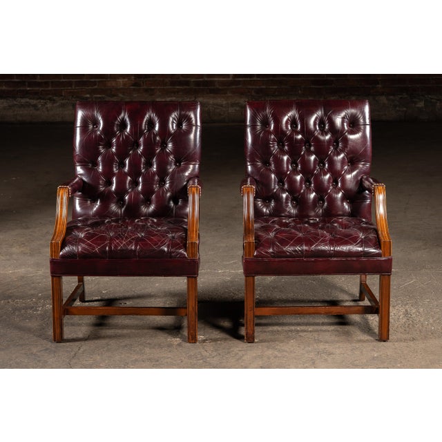 Late 20th Century Pair of Tufted Leather Square-Back Dining Chairs in Oxblood For Sale In Chicago - Image 6 of 17