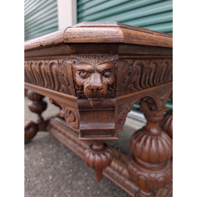 19th Century Antique 19th Century French Renaissance Revival Carved Oak Dolphin Sea Serpent Library Desk For Sale - Image 5 of 12