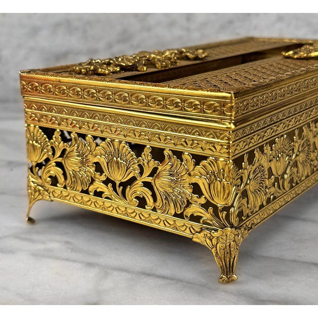 Gold Vintage Italian Rococo Baroque Gold Gilded Pierced Tissue Box Holder For Sale - Image 8 of 10