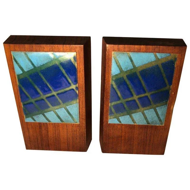 Ernest John Mid-Century Modern Walnut and Enamel Bookends - a Pair For Sale - Image 13 of 13